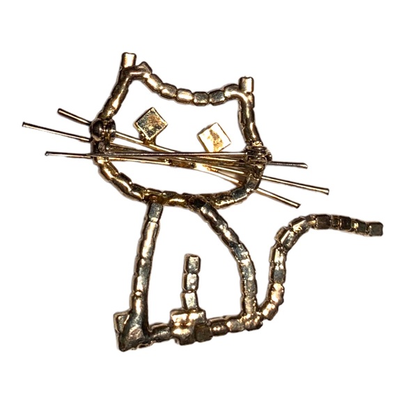 Vintage Rhinestone Fused Crystal Cat Red ‘Garnet’ Eyes Metal Whiskers Pin Brooch - Picture 3 of 3